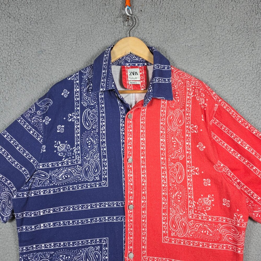 Zara Shirt Mens Size Large Blue Red Bandana Relaxed Button Down Cotton Twill - Picture 2 of 11